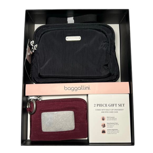 baggallini Handbags - NEW Baggallini Multi Zip Black Crossbody Bag & RFID Card Case Holder 2 Piece Set
